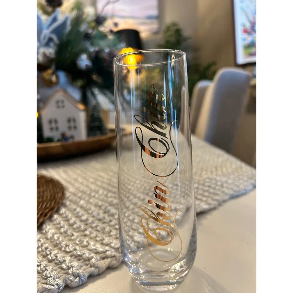 Set of 6 Stemless Champagne Flutes Gold Script International Toasts Cheers Santé